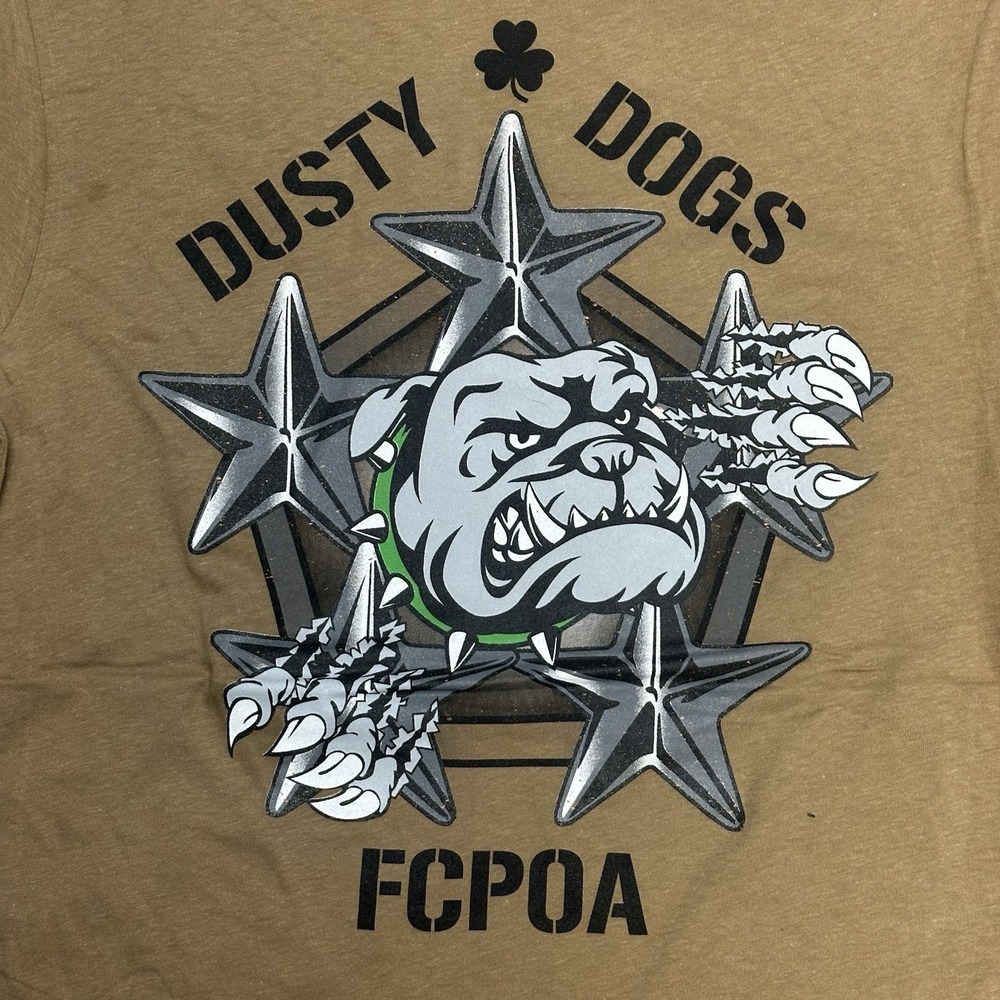 LAT Mens Khaki Military Shirt Dusty Dogs FCPOA Graphic T-Shirt Brown Size Medium